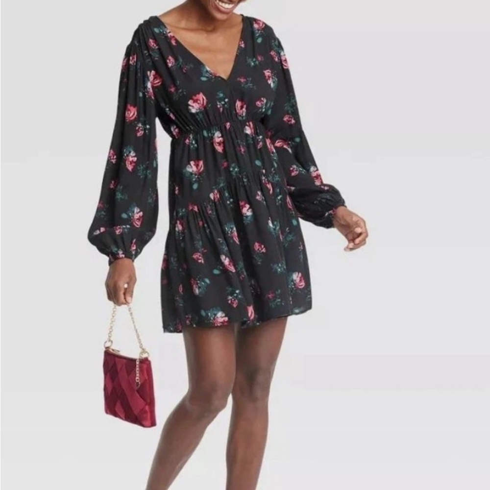 A New Day Floral Black Mini Dress with Ballon Sleeves - Picture 2 of 3